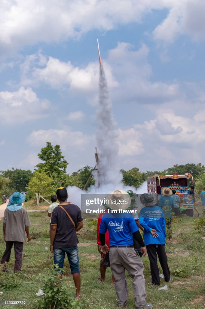 Rocket launch during rocket festival.