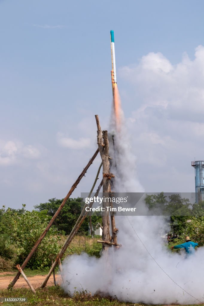 Rocket launch during rocket festival.