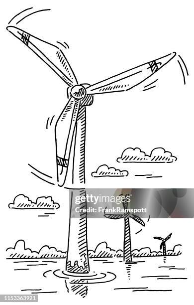 offshore wind turbines alternative energy drawing - wind farm sea stock illustrations