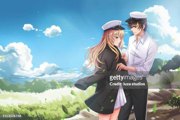 ilustraciones, imágenes clip art, dibujos animados e iconos de stock de una pareja de estudiantes enamorada en el día de la graduación en suecia - anime