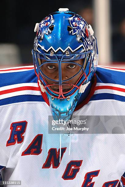 Rangers Kevin Weekes looks on before the game between the New York Rangers and the Nashville Predators at the Gaylord Center in Nashville, Tennessee...