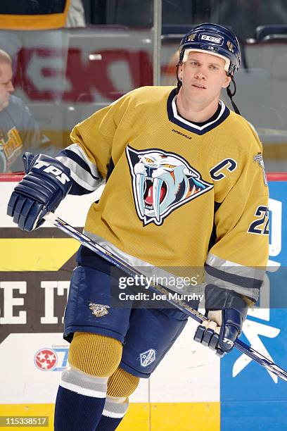 The Nashville Predators Center Greg Johnson in action against the Chicago Blackhawks at The Gaylord Entertainment Center in Nashville, Tennessee on...