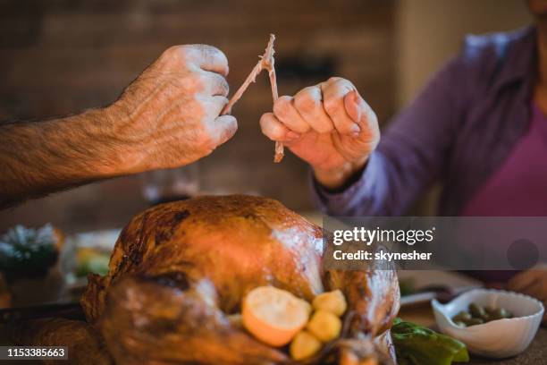 close up of unrecognizable people pulling wishbone during thanksgiving dinner. - wishbone stock pictures, royalty-free photos & images