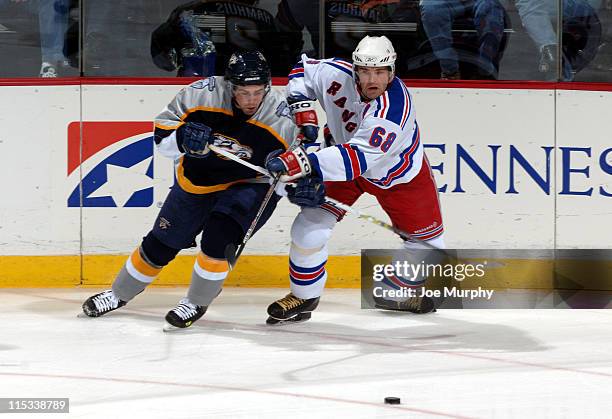 Jaromir Jagr of the New York Rangers and Dan Hamhuis of the Nashville Predators on December 8, 2005. The New York Rangers beat the Nashville...