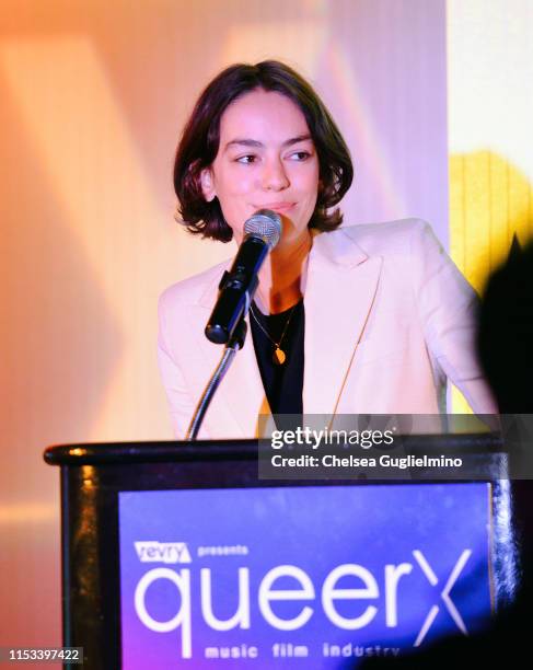 Actor Brigette Lundy-Paine speaks onstage at the closing night gala and Visibility Awards during Revry's 4th Annual QueerX Festival at The London...