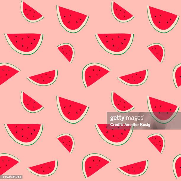 seamless watermelon pattern illustration, pink background - watermelon stock illustrations