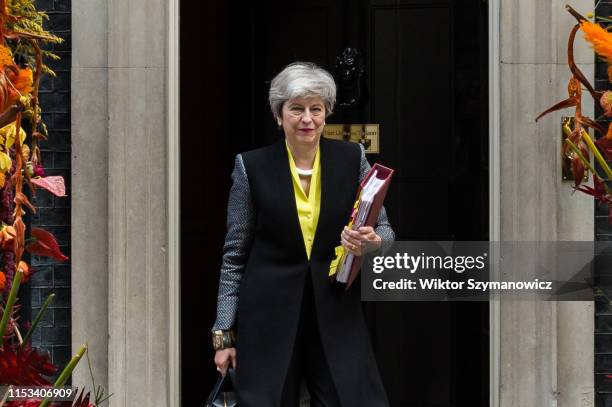 British Prime Minister Theresa May leaves 10 Downing Street for the weekly PMQ session in the House of Commons on 03 July, 2019 in London, England.