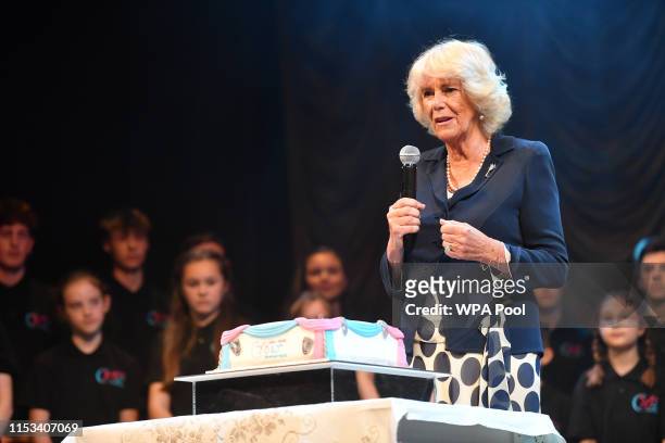 Camilla, Duchess of Cornwall, Patron, The Carmarthen and District Youth Opera , gives a speech after watching a performance of songs from Chitty...