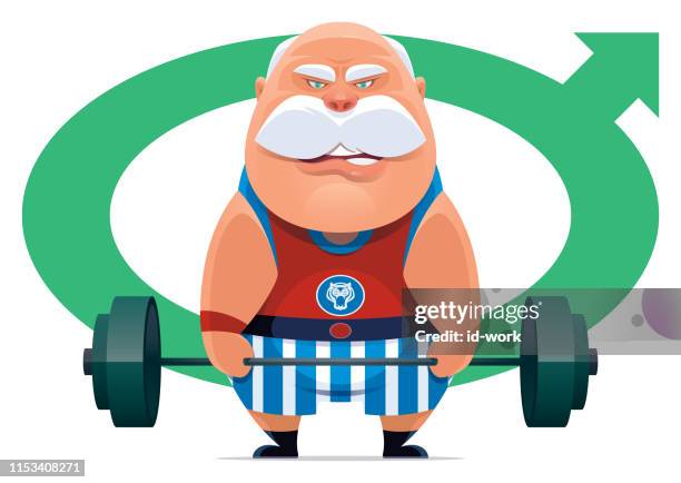 stockillustraties, clipart, cartoons en iconen met senior man tillen barbell - alleen één seniore man