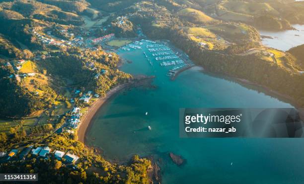 aerial panoramic of tutukaka coast. - bay of islands stock pictures, royalty-free photos & images