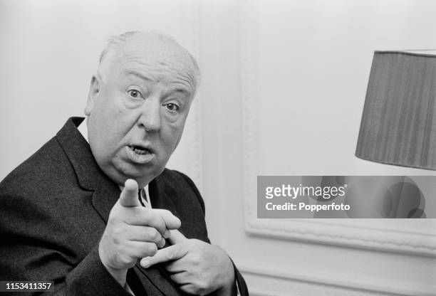 English film director Alfred Hitchcock points his finger towards the camera in November 1964. Alfred Hitchcock is currently visiting England to...