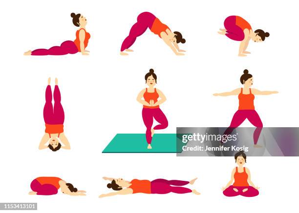 ilustraciones, imágenes clip art, dibujos animados e iconos de stock de conjunto de poses de yoga con curvas, ilustradas - voluptuous