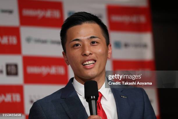 Yuki Togashi of the Chiba Jets speaks during a press conference at Imperial Hotel on June 03, 2019 in Tokyo, Japan.