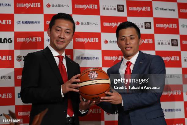 Shinji Shimada, President and CEO of Chiba Jets and Yuki Togashi pose for photograph during a press conference at Imperial Hotel on June 03, 2019 in...