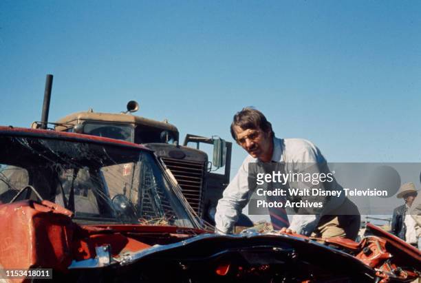 Dennis Weaver appearing in the Steven Spielberg directed ABC tv movie 'Duel', 16948 Vasquez Canyon Road, Canyon Country, California, USA.