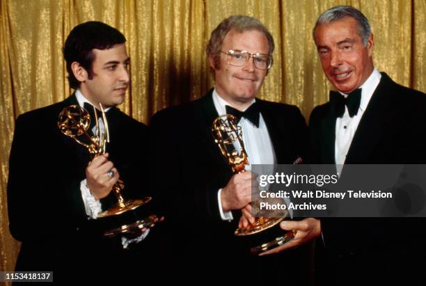 Los Angeles, CA Dennis Lewin with his Emmy Award, Roone Arledge with his Emmy Award, Joe Dimaggio appearing at the 1972 Emmy Awards / 24th Primetime...