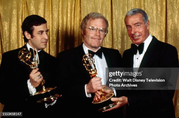 Los Angeles, CA Dennis Lewin with his Emmy Award, Roone Arledge with his Emmy Award, Joe Dimaggio appearing at the 1972 Emmy Awards / 24th Primetime...
