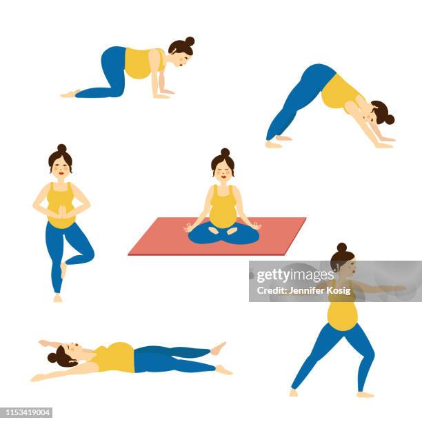 set von schwangerschafts-yoga-posen, illustriert - yogalehrer stock-grafiken, -clipart, -cartoons und -symbole