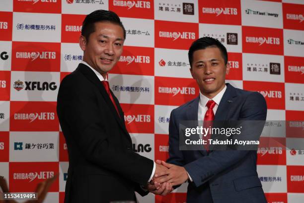 Shinji Shimada, President and CEO of Chiba Jets and Yuki Togashi pose for photograph during a press conference at Imperial Hotel on June 03, 2019 in...