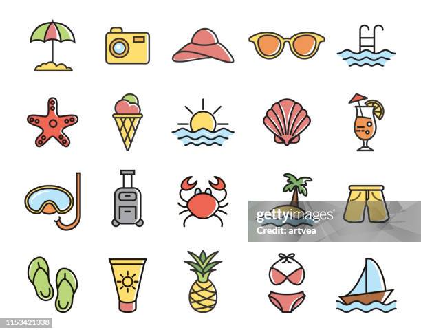 ilustraciones, imágenes clip art, dibujos animados e iconos de stock de los iconos de verano, viajes, vacaciones y playa se - caracola