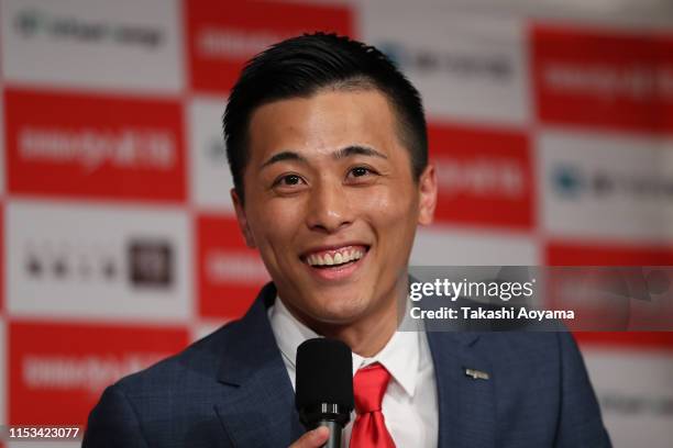 Yuki Togashi of the Chiba Jets smiles during a press conference at Imperial Hotel on June 03, 2019 in Tokyo, Japan.