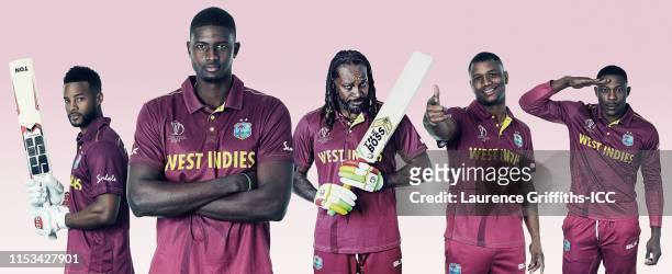 In this composite image , Shai Hope, Jason Holder, Chris Gayle, Evin Lewis, Sheldon Cottrell of West Indies pose for a portrait prior to the ICC...
