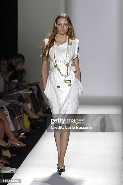 Fabiana Semprebom wearing Y & Kei Spring 2006 during Olympus Fashion Week Spring 2006 - Y & Kei - Runway at Bryant Park in New York City, New York,...