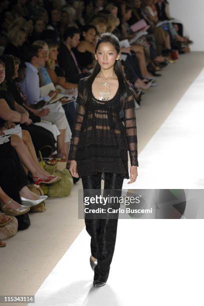 Anne Watanabe wearing Tracy Reese Spring 2006 during Olympus Fashion Week Spring 2006 - Tracy Reese - Runway at Bryant Park in New York City, New...