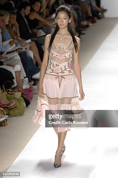 Anne Watanabe wearing Tracy Reese Spring 2006 during Olympus Fashion Week Spring 2006 - Tracy Reese - Runway at Bryant Park in New York City, New...