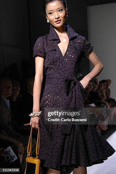 Du Juan wearing Diane Von Furstenberg Spring 2006 during Olympus Fashion Week Spring 2006 - Diane Von Furstenberg - Runway at 389 West 12th Street in...