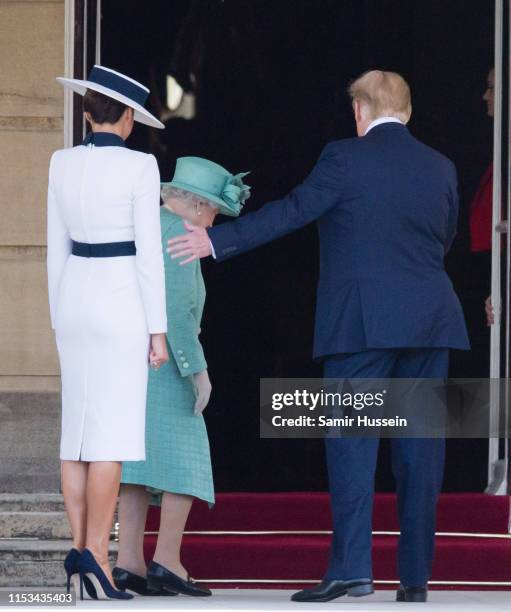 Queen Elizabeth II officially welcomes US President Donald Trump and First Lady Melania Trump at a Ceremonial Welcome at Buckingham Palace on June...
