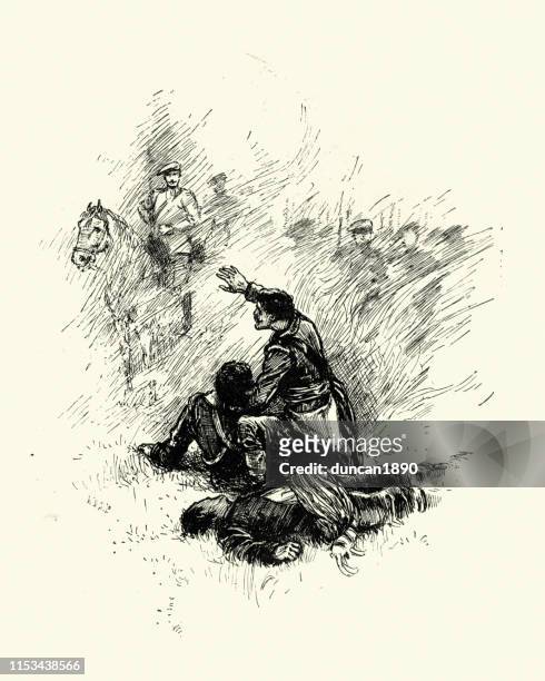 soldier helping a wounded comrade on the battlefield, 19th century - wounded stock illustrations