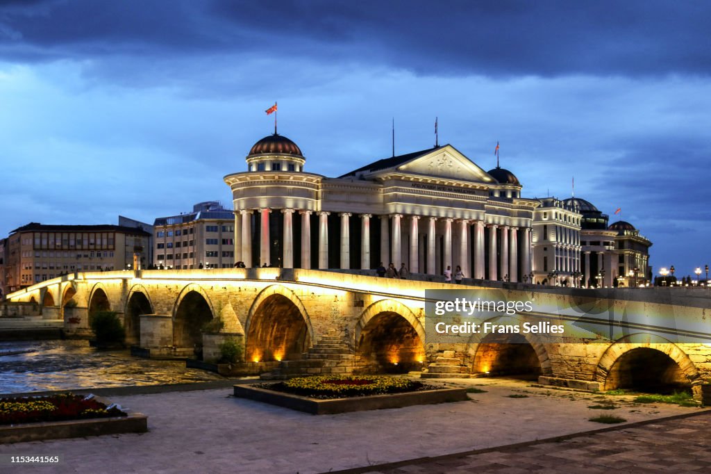 The archaeological museum with stone bridge in Skopje, North Macedonia