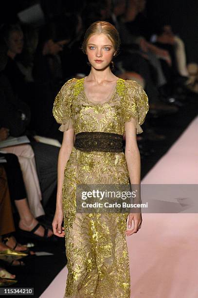 Vlada Roslyakova wearing Vera Wang Spring 2006 during Olympus Fashion Week Spring 2006 - Vera Wang - Runway at Bryant Park in New York City, New...