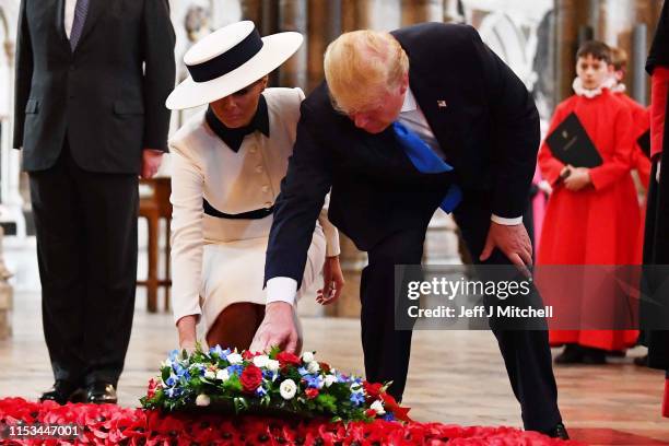 President Donald Trump and First Lady Melania Trump pay their respects at the Tomb of the Unknown Warrior in Westminster Abbey on June 3, 2019 in...