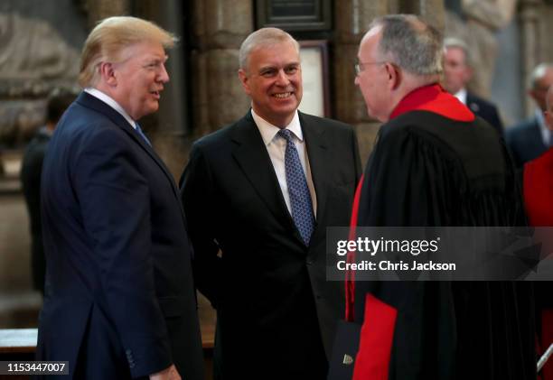 Prince Andrew, Duke of York smiles with US President Donald Trump during the visit to Westminster Abbey on June 03, 2019 in London, England....