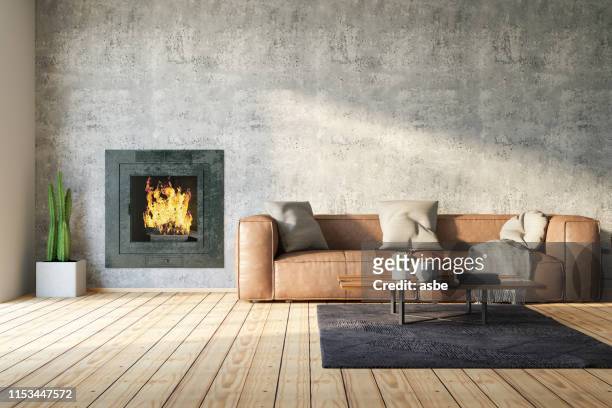 暖炉付きのロフトルーム - 古典様式　壁 ストックフォトと画像