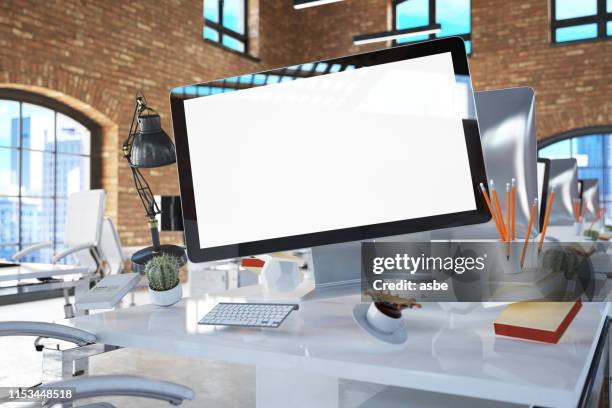 office tools and computer screen. zero gravity concept - zero gravity stock pictures, royalty-free photos & images