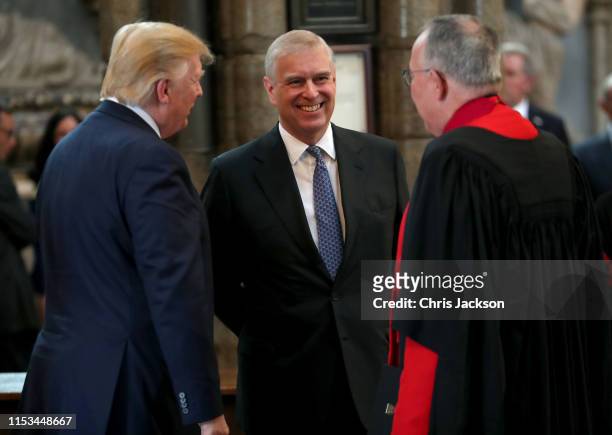 Prince Andrew, Duke of York smiles with US President Donald Trump and Dean of Westminster John Hall during the visit to Westminster Abbey on June 03,...