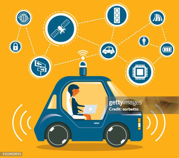 autonomes auto-geschäftsfrau - fahrerloses transportmittel stock-grafiken, -clipart, -cartoons und -symbole