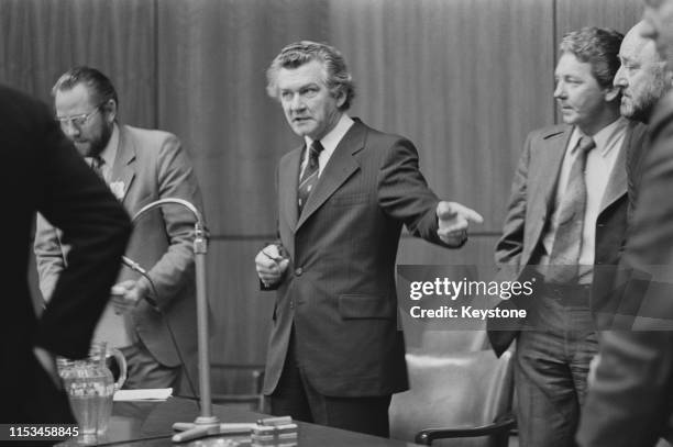 Bob Hawke , President of the Australian Council of Trade Unions during a TV broadcast to the nation on the eve of a one-day national strike over...