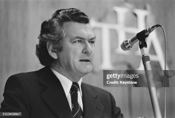 Bob Hawke , President of the Australian Council of Trade Unions , during a TV broadcast to the nation on the eve of a one-day national strike over...