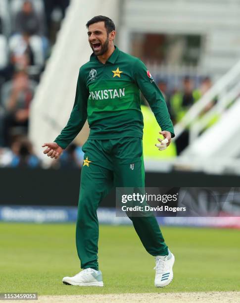 Shoaib Malik of Pakistan celebrates after taking the wicket of Ben Stokes during the Group Stage match of the ICC Cricket World Cup 2019 between...