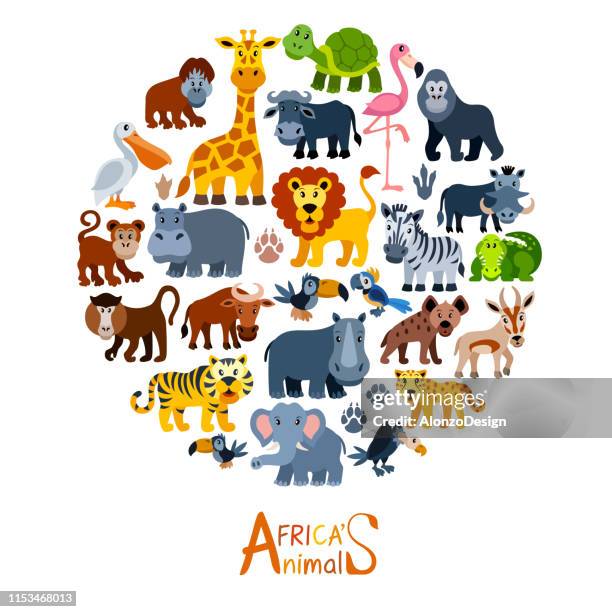 stockillustraties, clipart, cartoons en iconen met cartoon wild animal personages - dierentuin