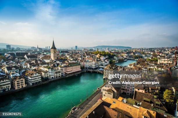 beautiful aerial view of zurich, switzerland - grossmunster cathedral stock pictures, royalty-free photos & images