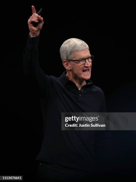 Apple CEO Tim Cook delivers the keynote address during the 2019 Apple Worldwide Developer Conference at the San Jose Convention Center on June 03,...