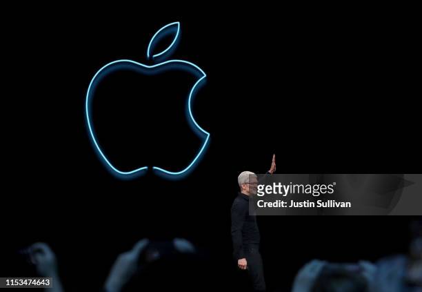 Apple CEO Tim Cook delivers the keynote address during the 2019 Apple Worldwide Developer Conference at the San Jose Convention Center on June 03,...
