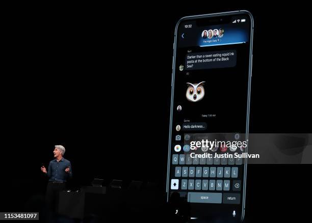 Apple's senior vice president of Software Engineering Craig Federighi speaks during the keynote address during the 2019 Apple Worldwide Developer...