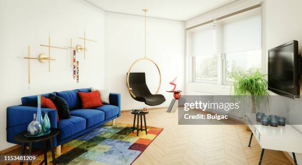 modern and cozy living room - window with blinds inside stock pictures, royalty-free photos & images