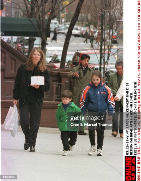 Caroline Kennedy and daughter Rose and son John returning home after picking up lunch at a nearby resturant